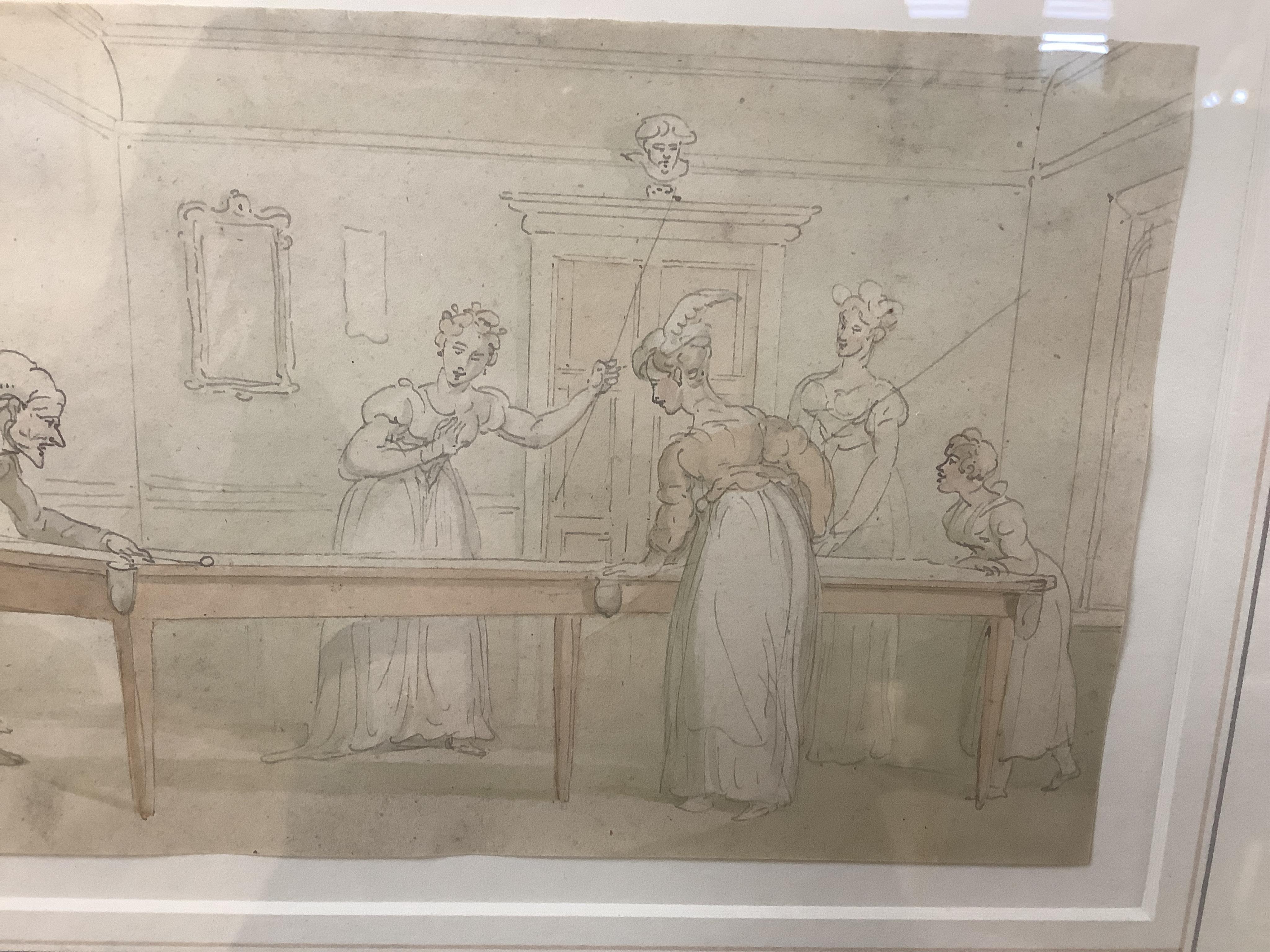 Manner of Thomas Rowlandson (1756-1827), satirical ink and watercolour, Gentleman playing snooker, unsigned, The Leicester Galleries, London label verso, 12 x 20cm. Condition - fair to good